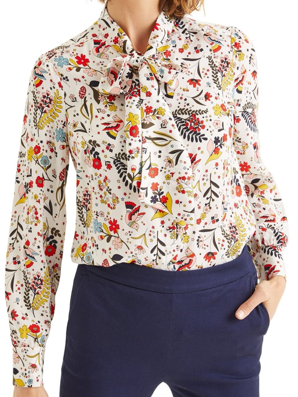 Boden Thelma Tie Neck White Floral & Bird Multicolor Print Long-Sleeve Blouse